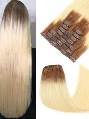 20”Clip-in Human Hair Extensions Ash Brown to Platinum Blonde 9 pcs for Women